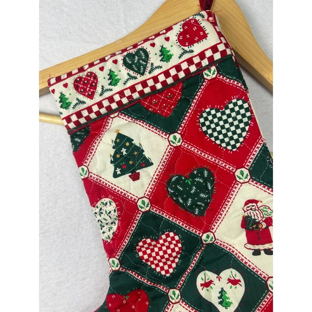 VTG Handmade Quilted Christmas Stocking Red Green Patchwork Hearts Santa OS